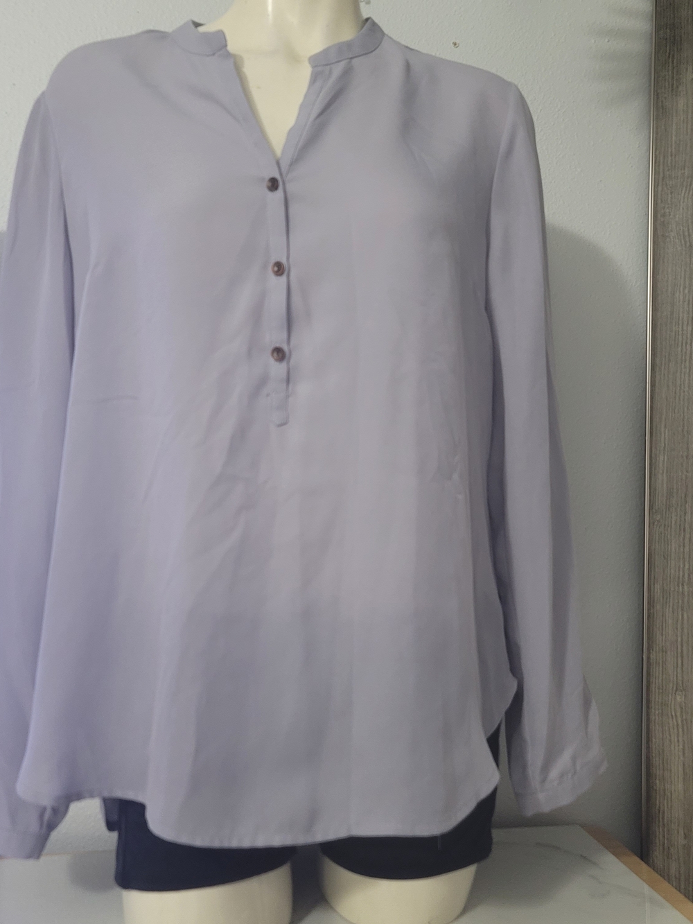Bellatrix Light Grey Long-Sleeve Split V-Neck Blouse With Buttons